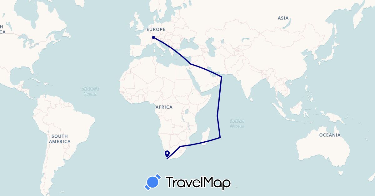 TravelMap itinerary: driving in Switzerland, Jordan, Mauritius, Oman, Seychelles, South Africa (Africa, Asia, Europe)